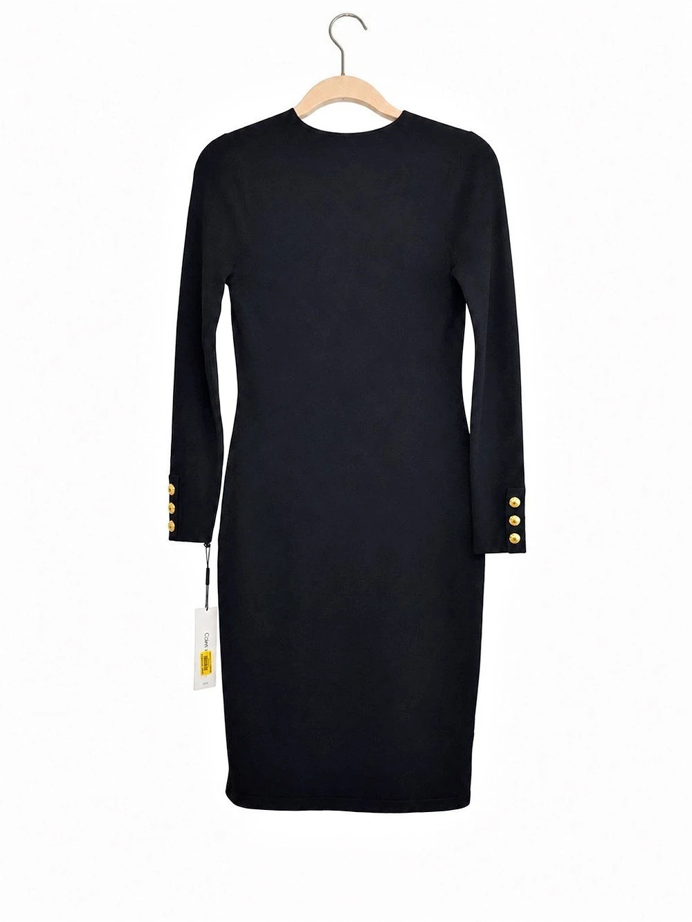 Calvin Klein Black Sweater Dress Gold Button V Neck NWT S - Picture 4 of 15
